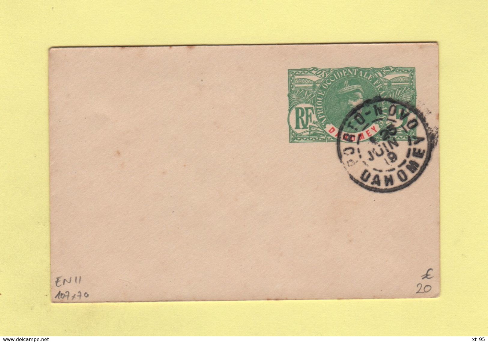 Dahomey - Entier Postal - Enveloppe 107x70 - EN11 - Porto Novo Dahomey - 1919 - Storia Postale