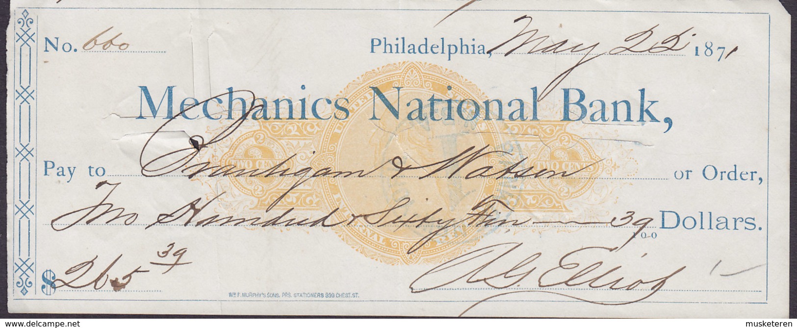 United States MECANICS NATIONAL BANK Cheque Philadelphia 1871 (2 Scans) - Assegni & Assegni Di Viaggio