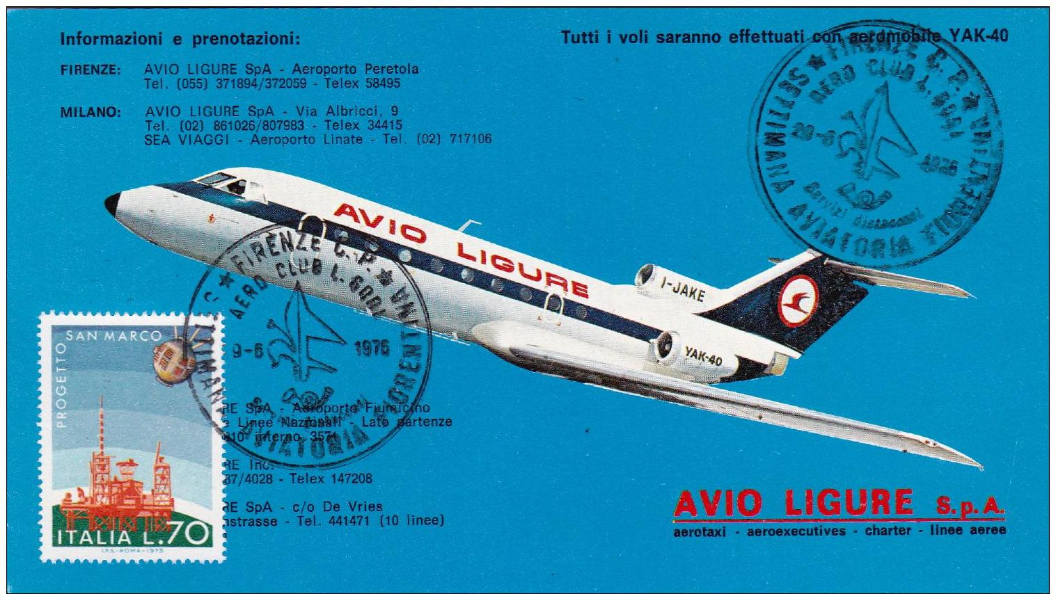 1976- Cartolina Ufficiale Della Avio Ligure Con Bollo Settimana Aviatoria Fiorentina Dell'aereo Club L.Gori - 1946-....: Era Moderna