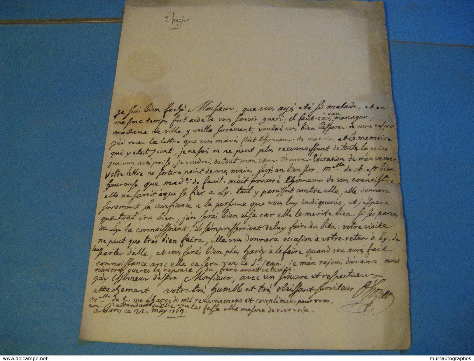 LETTRE AUTOGRAPHE SIGNEE D'ANTOINE-MARIE D'HOZIER 1763 GENEALOGISTE JUGE D'ARMES NOBLESSE HERALDIQUE LYON - Autres & Non Classés