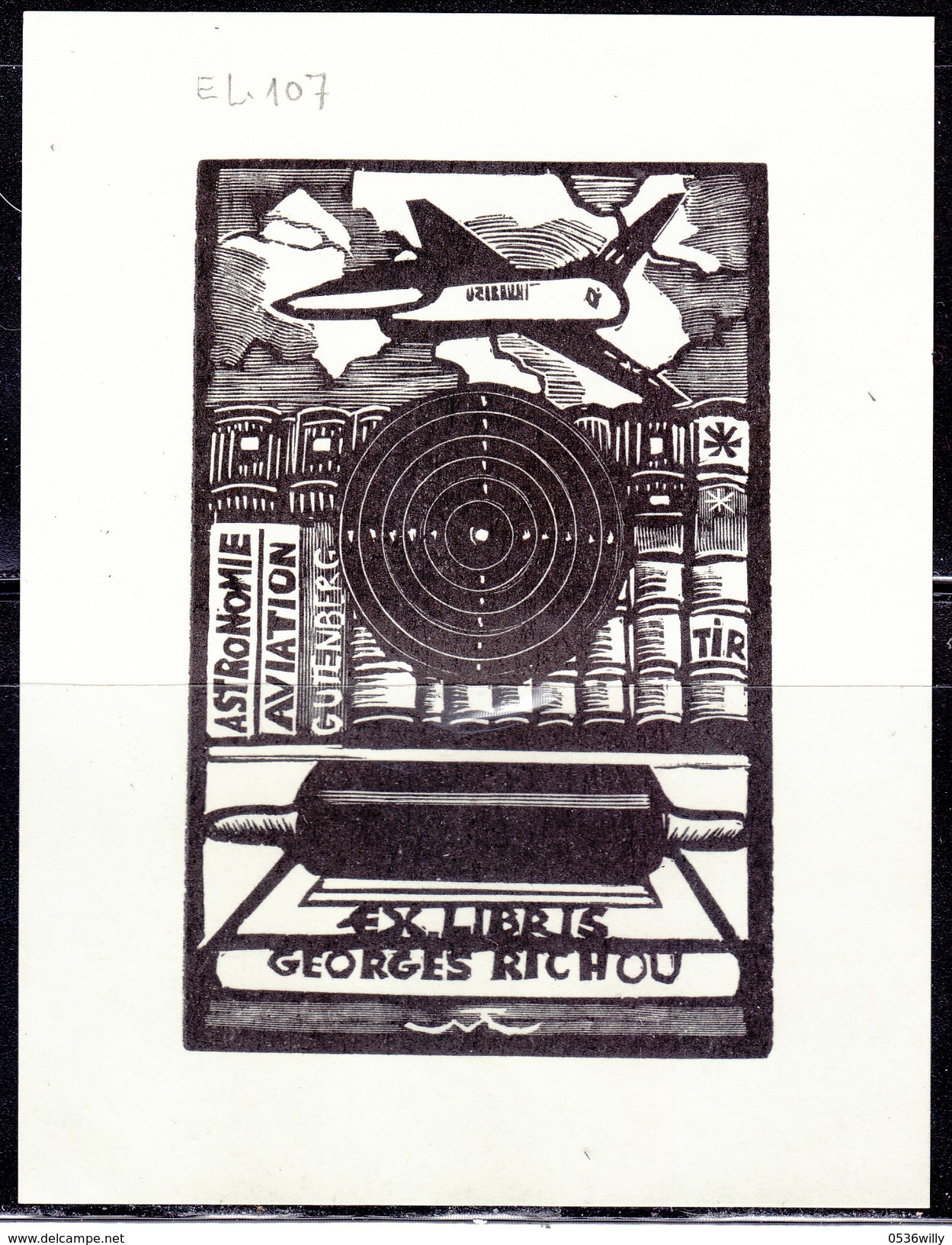 Exlibris Für Georges Richou, Astronomie/Aviation/Gutenberg (EL.107) - Exlibris