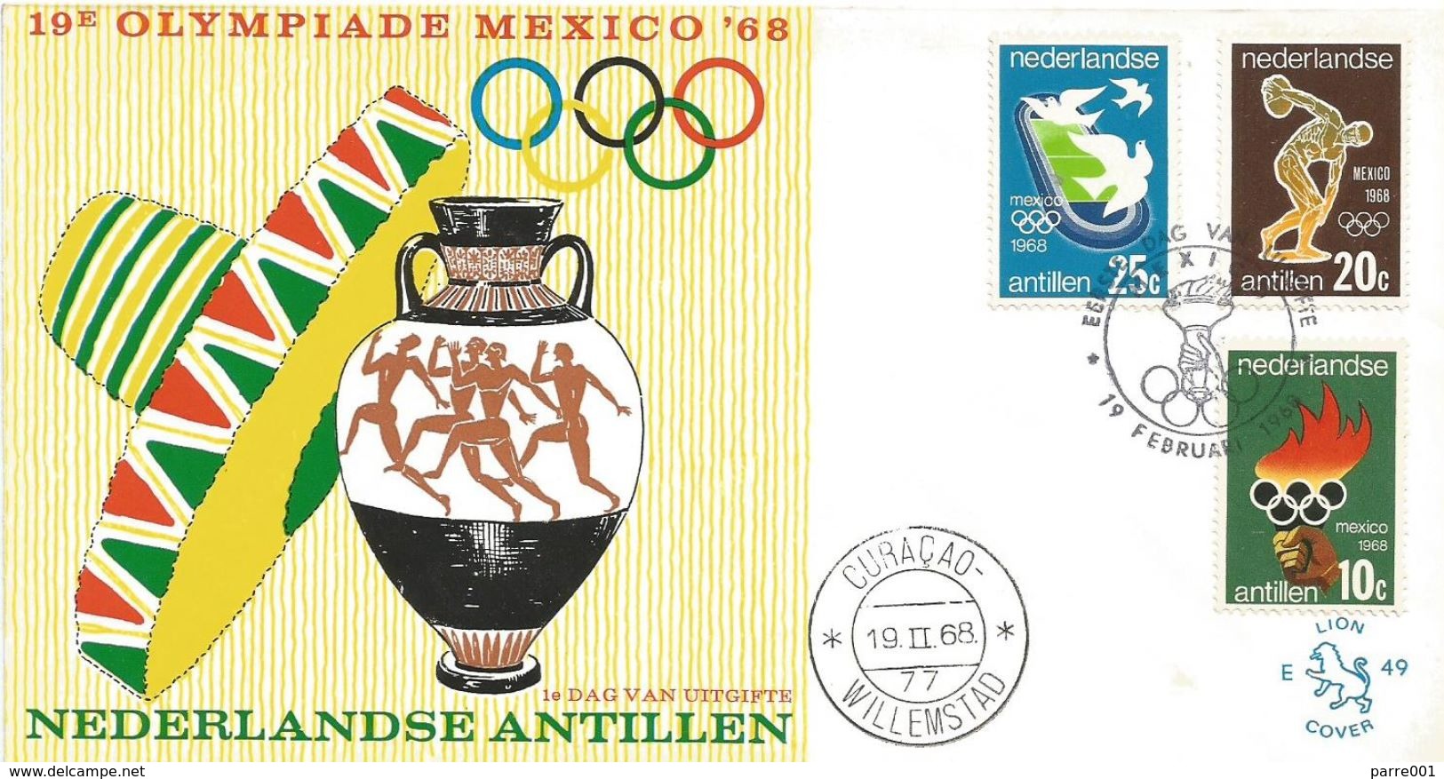 Netherlands Antilles 1968 Curacao Olympic Games Mexico Flame Disc Stadium FDC Cover - Zomer 1968: Mexico-City