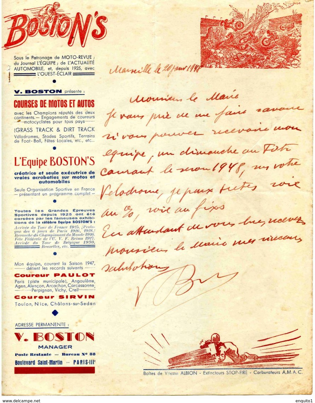 Art Forain: Courses Et Spectacles Acrobatiques De Motos Et Autos, équipe "Les BOSTON'S", 1947 - Autres & Non Classés