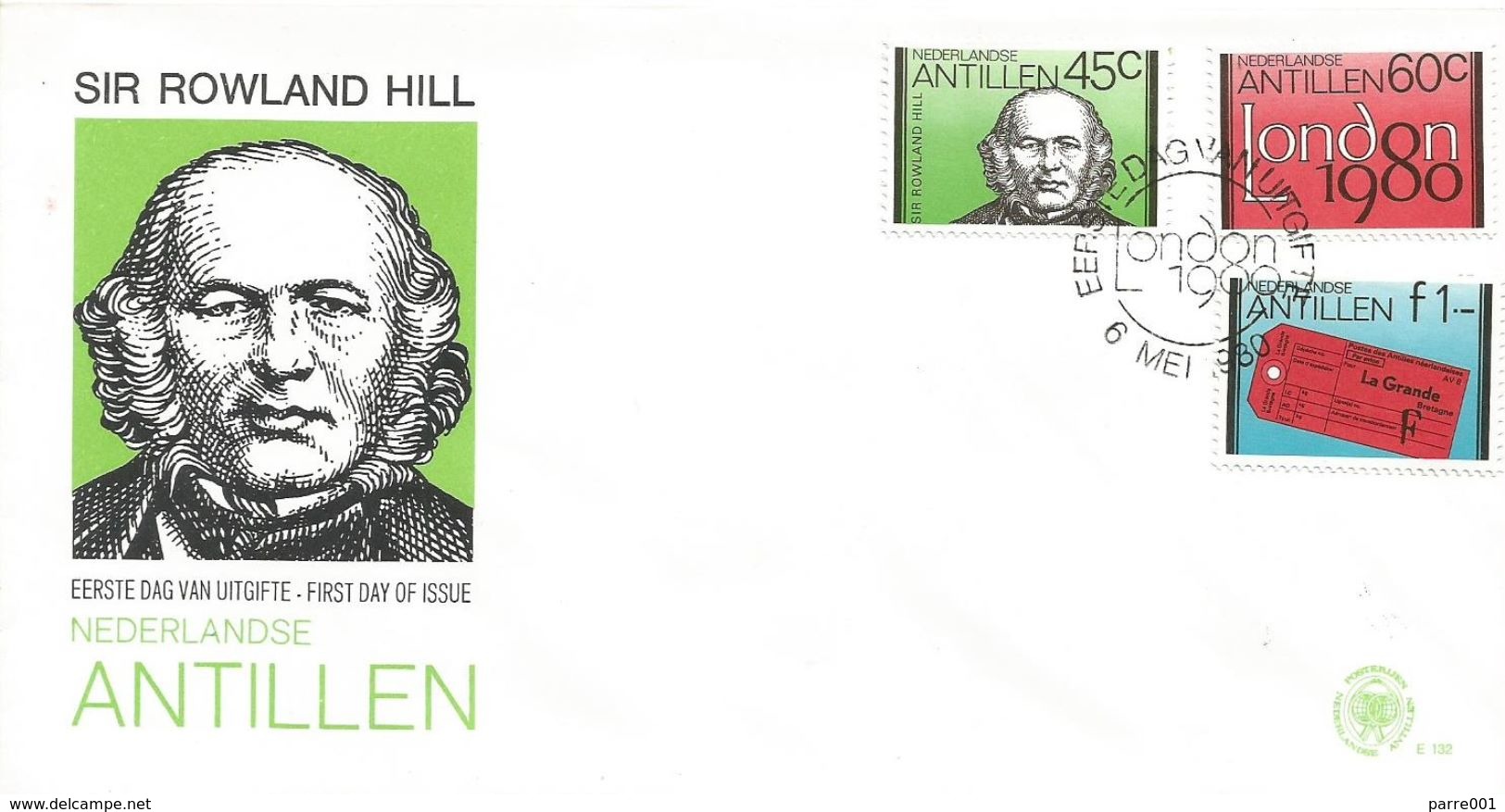Netherlands Antilles 1980 Curacao Sir Rowland Hill Mailbag Label FDC Cover - Rowland Hill