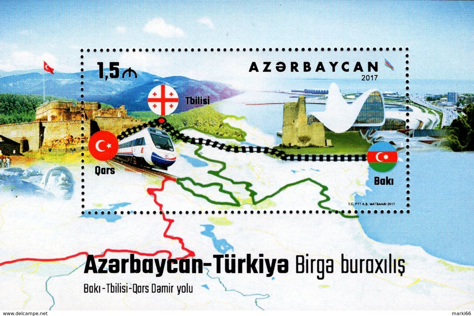 Azerbaijan - 2017 - Baku - Tbilisi - Kars Railway - Joint Issue With Turkey - Mint Souvenir Sheet - Aserbaidschan