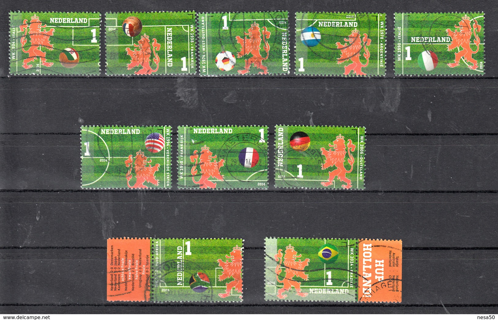 Nederland 2014 Nvph Nr 3187-3196 , Mi Nr 3240 - 3249;  WK Voetbal Brazilie Footbal  Compleet Gestempeld - Oblitérés