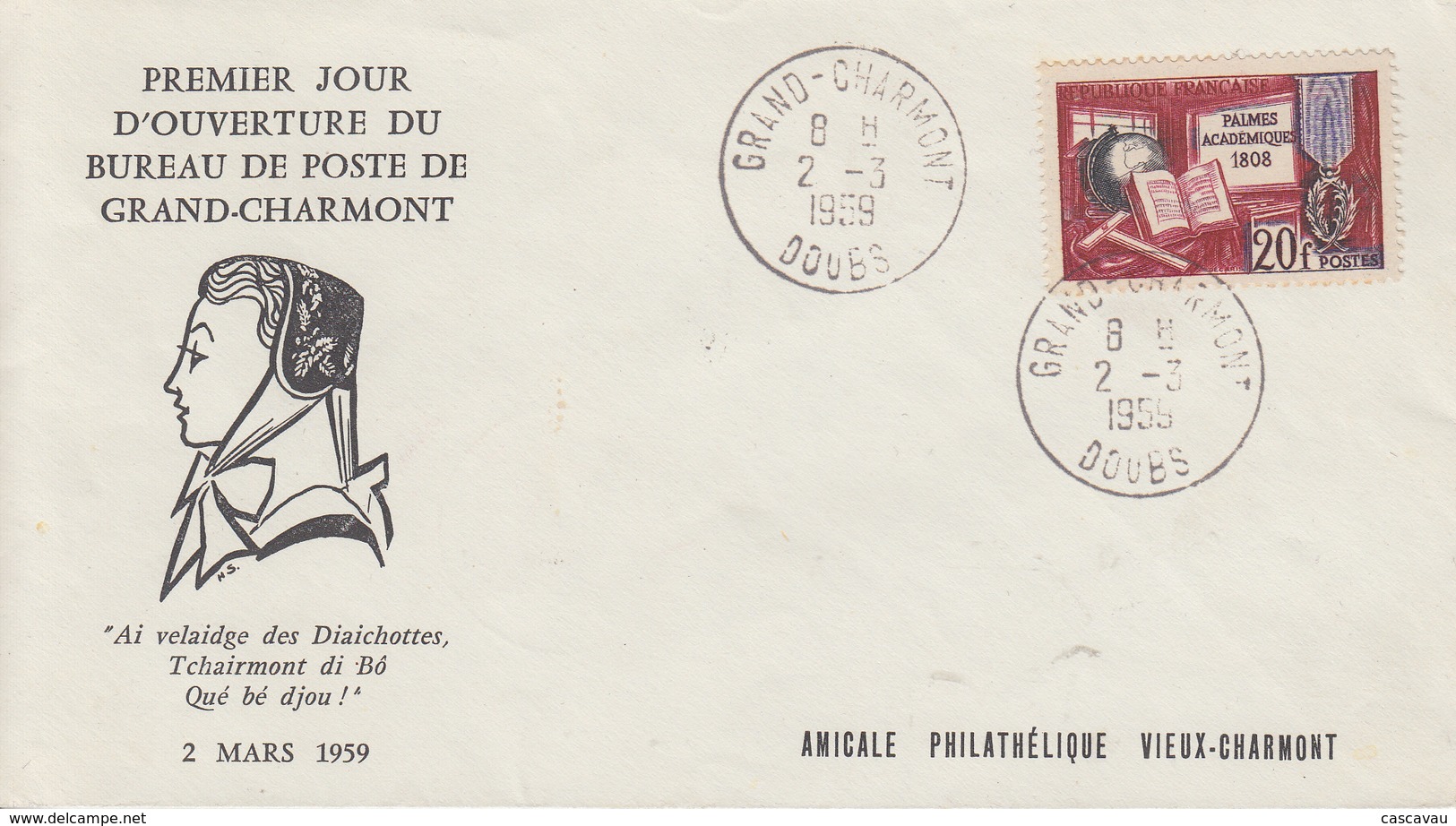 Enveloppe  1er  Jour  Ouverture  Du   Bureau  De  Poste   De   GRAND  CHARMONT   2   Mars  1959 - Poste