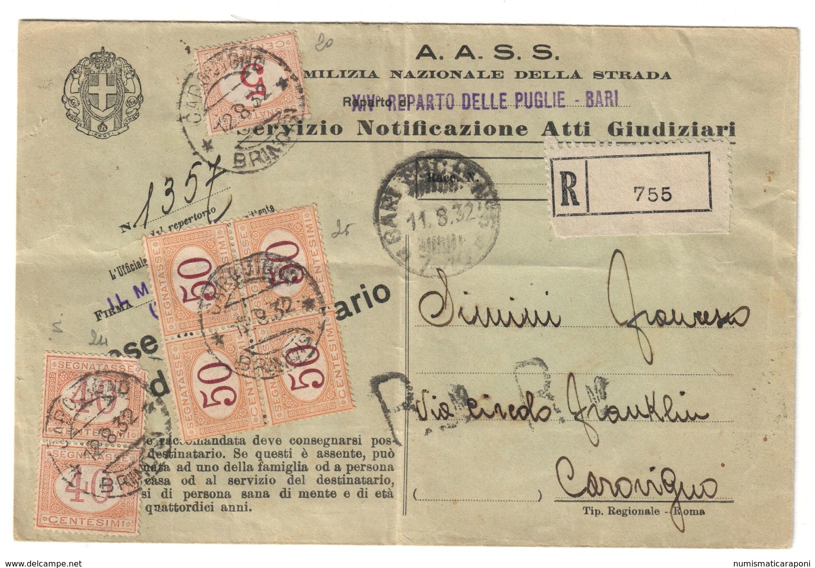 Milizia Nazionale Della Strada Raccomandata 1932 Segnatasse20 Singolo 24 Coppia 24 Qurtina ( Alcuni Difetti ) Bu.102 - Storia Postale