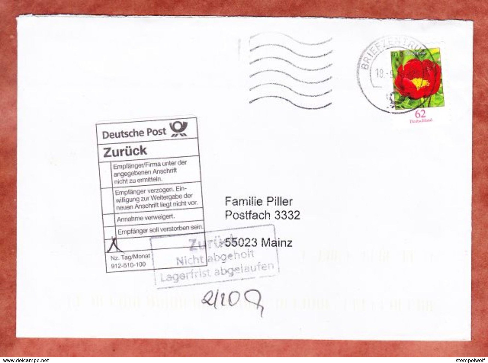 Zurueck Nicht Abgeholt Lagerfrist Abgelaufen, EF Pfingstrose, Olching Ueber Briefzentrum 82 Nach Mainz 2015 (44784) - Lettres & Documents