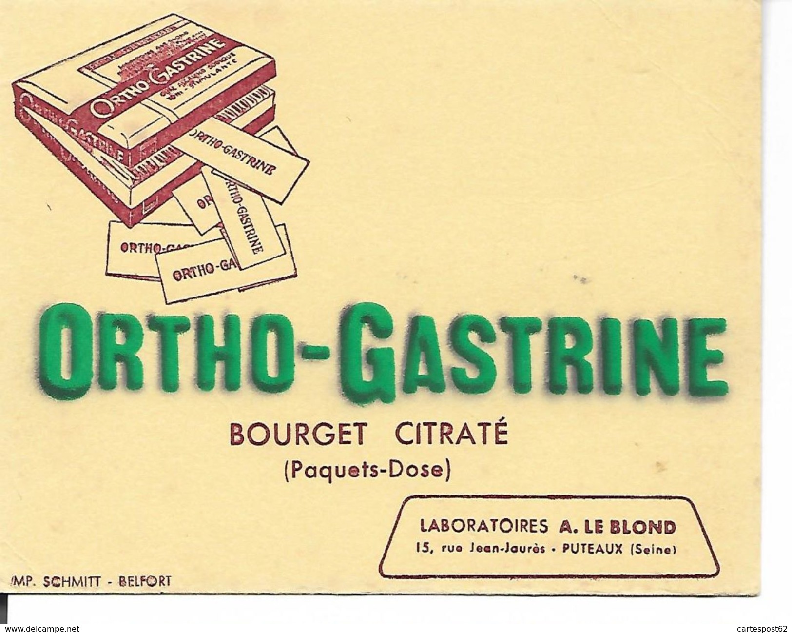 Buvard Ortho Gastrine, Bourget Citraté. Laboratoires Le Blond, Puteaux. (Pharmacie) (Petit Format) - Produits Pharmaceutiques
