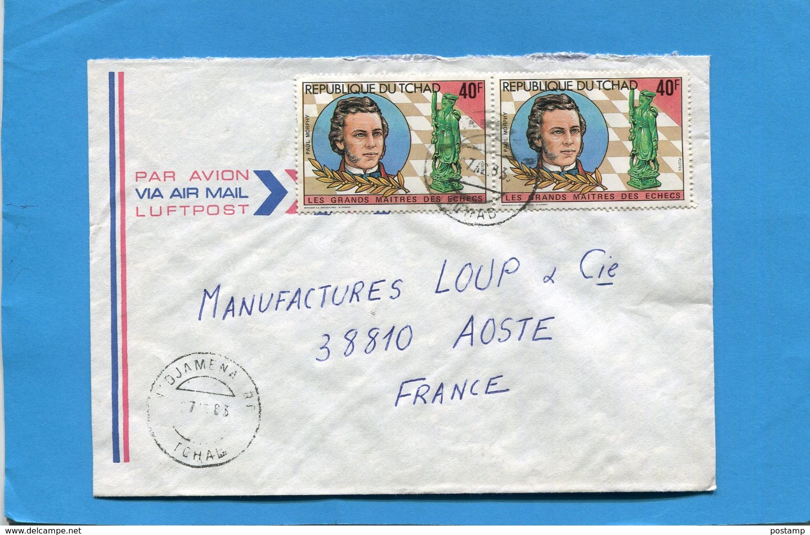 Marcophilie-lettre-TCHAD- >France-cad 1983+2 Stamps--N°399K Paul MORPHY-Grand Maitre D'échecs - Tchad (1960-...)