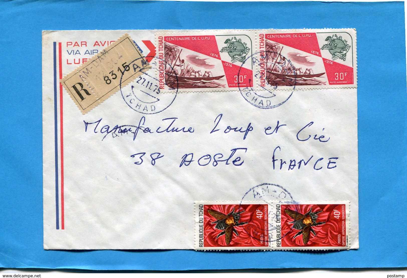 Marcophilie-lettre REC -TCHAD- >France-cad AM DAM  1975-4- Stamps--N°A 152 U P U Piroguier+293 Insect Diptere - Tsjaad (1960-...)