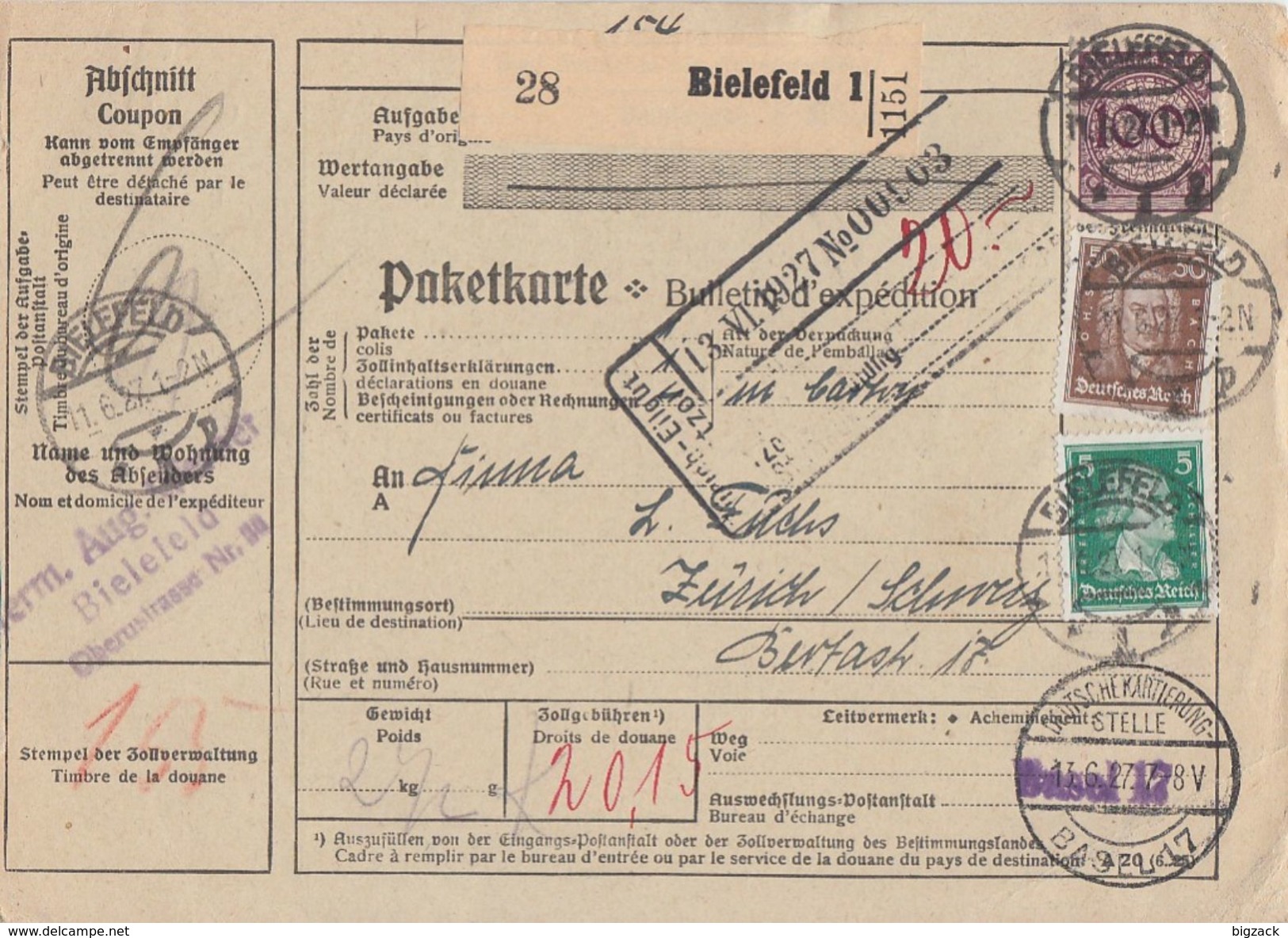 DR Paketkarte Mif Minr.343,387,396 Bielefeld 11.6.27 Gel. In Schweiz - Briefe U. Dokumente