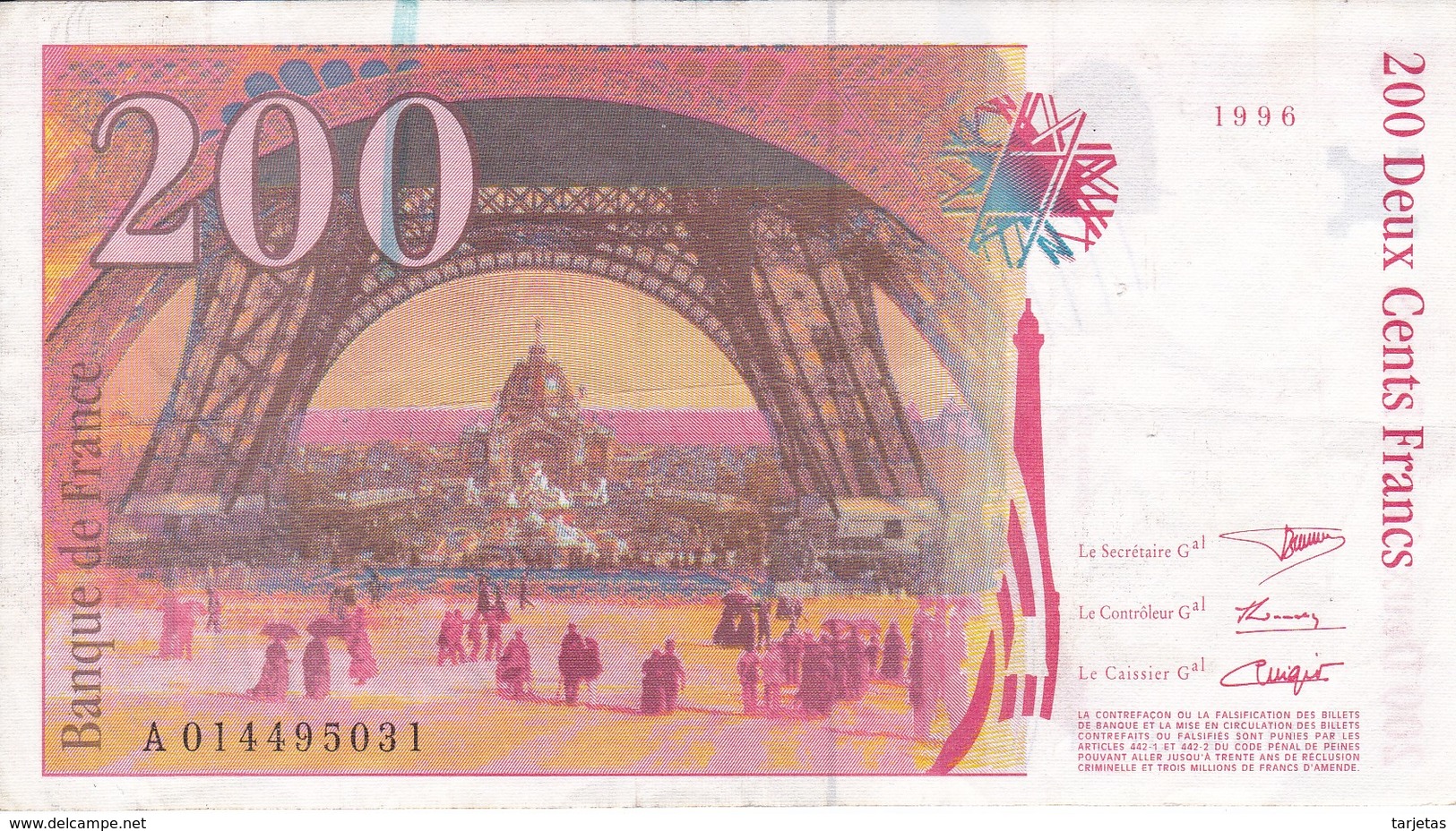 BILLETE DE FRANCIA DE 200 FRANCS DEL AÑO 1996 DE EIFFEL  (BANKNOTE) - 200 F 1995-1999 ''Eiffel''