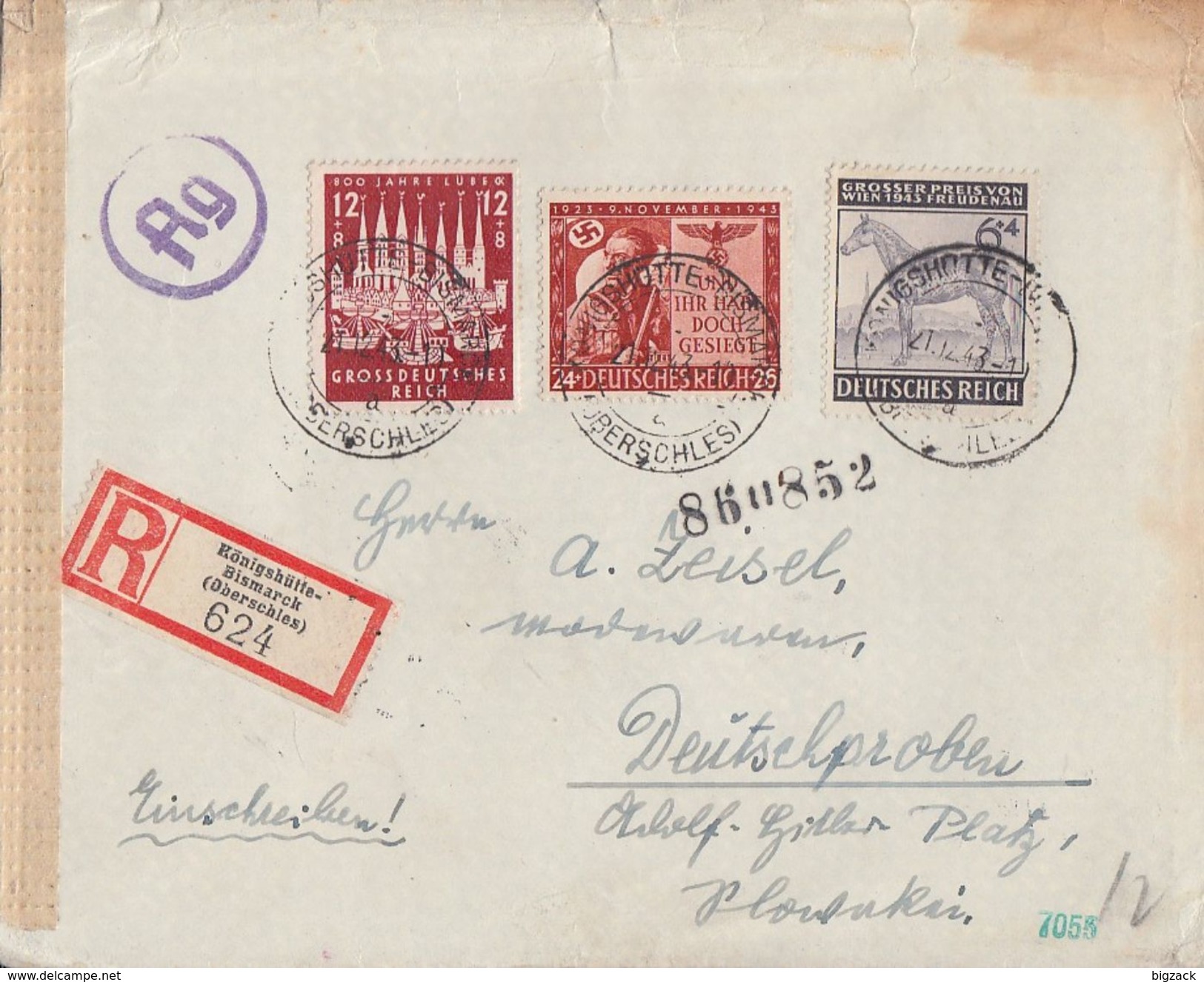 DR R-Brief Mif Minr.857,862,863 Königshütte-Bismarck (Oberschlesien) 21.12.43 Gel. In Slowakei Zensur - Briefe U. Dokumente