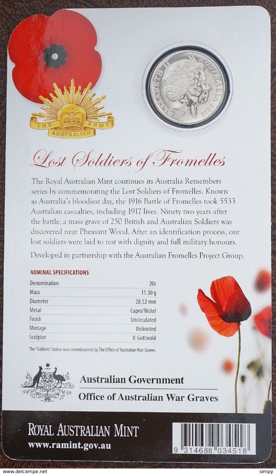 Australia 20 Cents 2010 Australia Remembers Lost Soldiers Of Fromelles Coin Card UNC - Mint Sets & Proof Sets