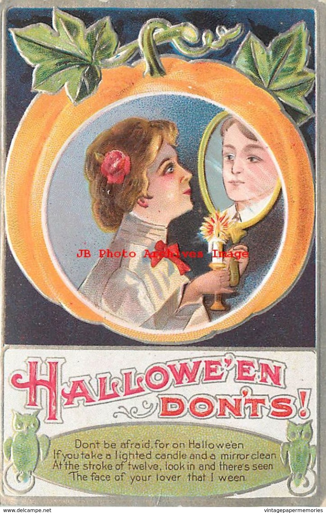 276823-Halloween, Jackson No MLJ01-1 Silver, Don'ts Series, Woman Holding Candle Sees Future Husband In The Mirror - Halloween