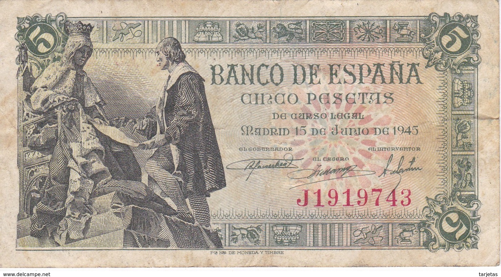BILLETE DE ESPAÑA DE 5 PTAS DEL 15/06/1945 SERIE J CALIDAD RC  (BANKNOTE) - 5 Pesetas