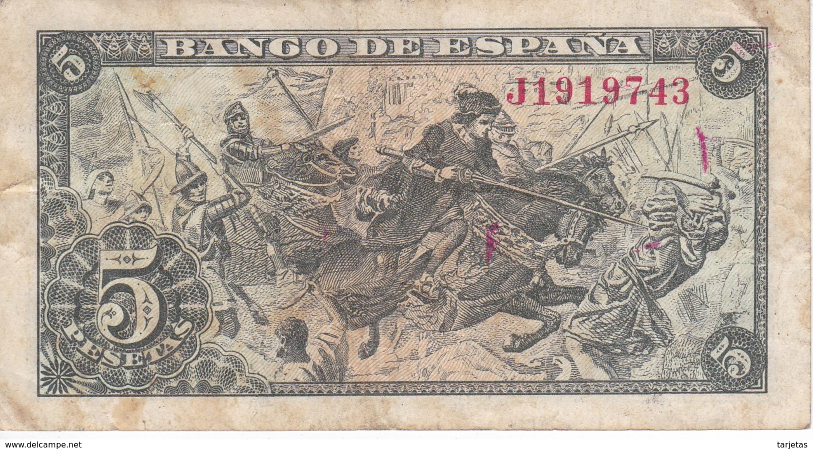 BILLETE DE ESPAÑA DE 5 PTAS DEL 15/06/1945 SERIE J CALIDAD RC  (BANKNOTE) - 5 Pesetas