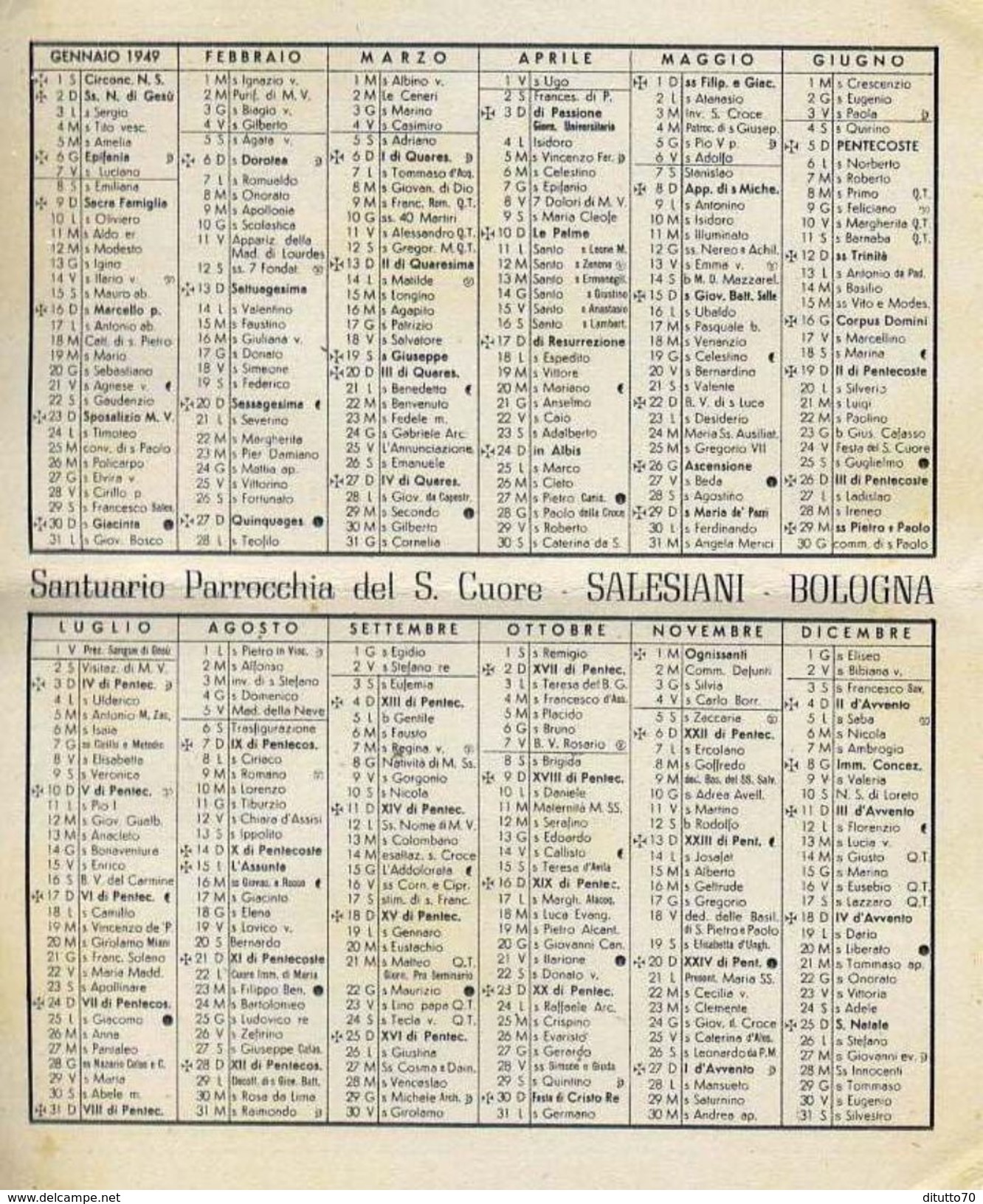 Calendarietto - S.antonio Da Padova E Sacro Cuore Di Gesù - Bologna - 1949 - Petit Format : 1941-60