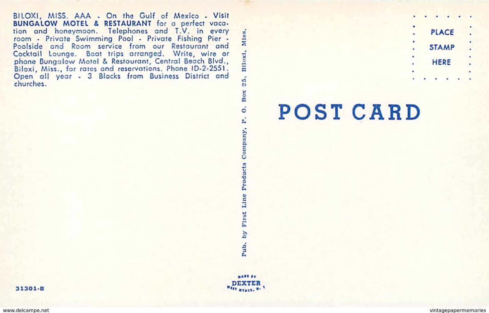 276615-Mississippi, Biloxi, Bungalow Motel, Swimming Pool, First Line Products By Dexter Press No 31301-B - Autres & Non Classés