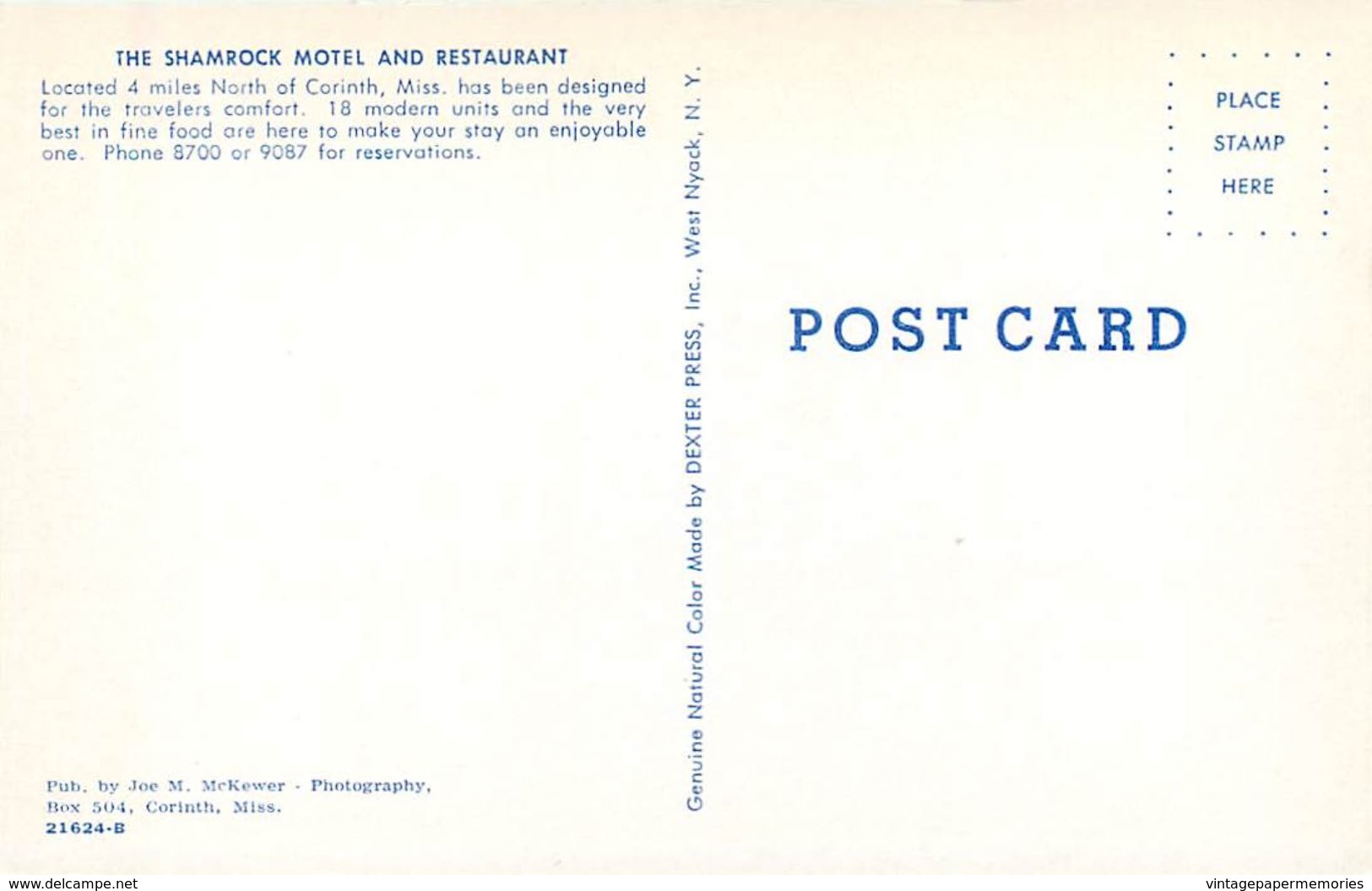 276661-Mississippi, Corinth, Shamrock Motel & Restaurant, Joe M. McKewer By Dexter Press No 21624-B - Other & Unclassified