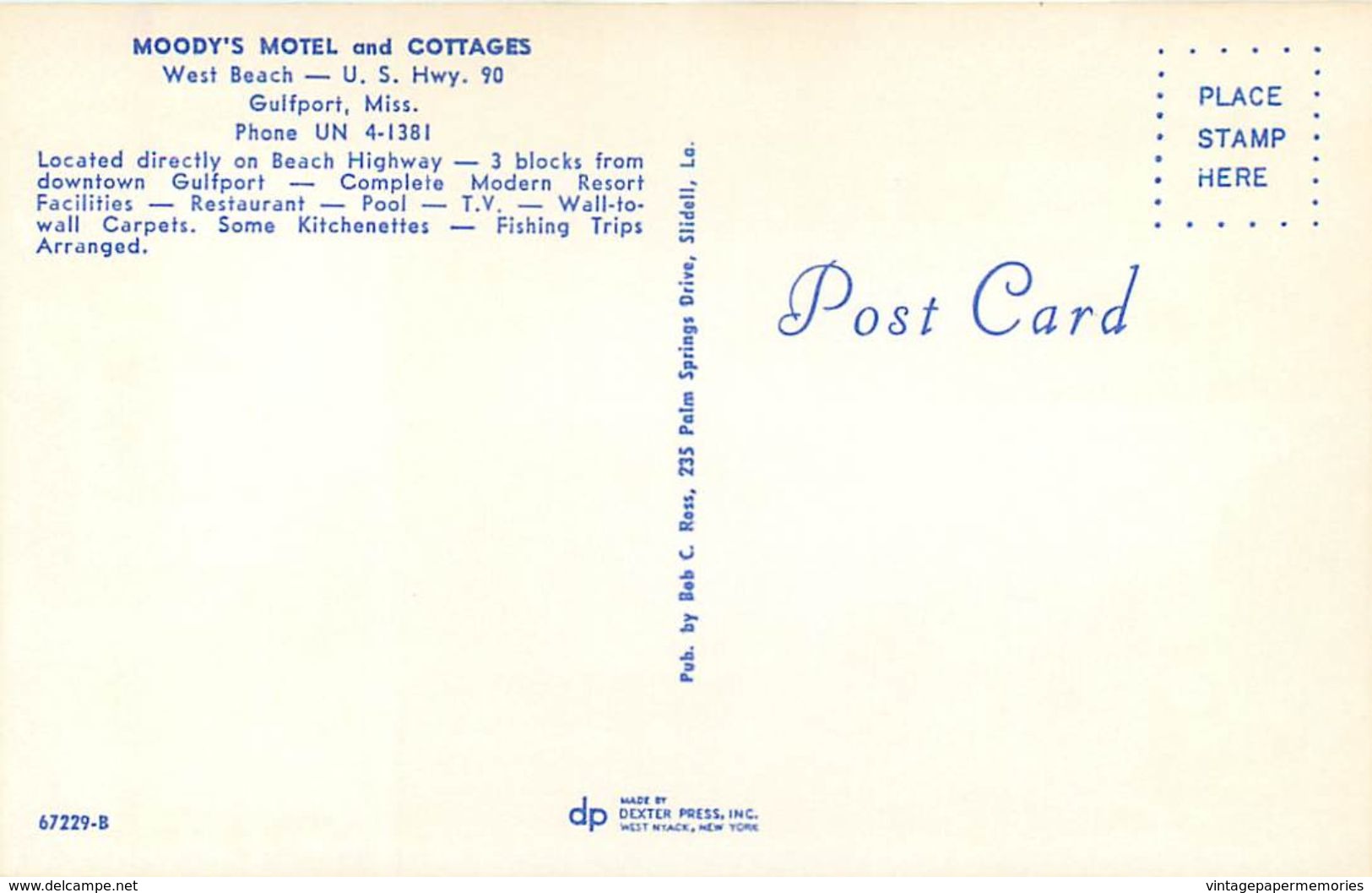 276675-Mississippi, Gulfport, Moody's Motel & Cottages, Bob C. Ross By Dexter Press No 67729-B - Other & Unclassified