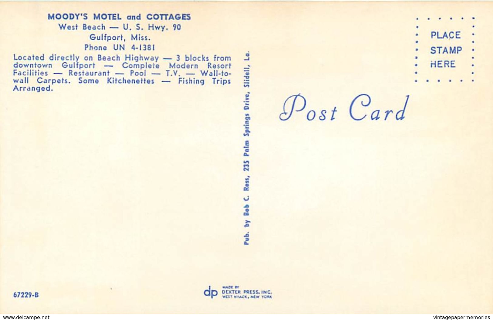 276677-Mississippi, Gulfport, Moody's Motel & Cottages, Bob C. Ross By Dexter Press No 67729-B - Other & Unclassified