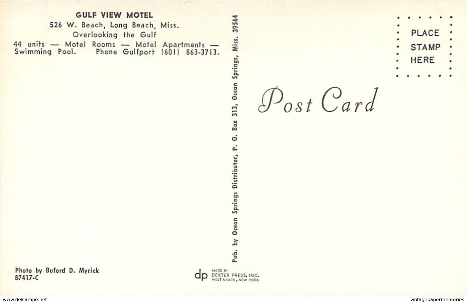 276715-Mississippi, Long Beach, Gulf View Motel, Buford D. Myrick Photo By Dexter Press No 87417-C - Other & Unclassified