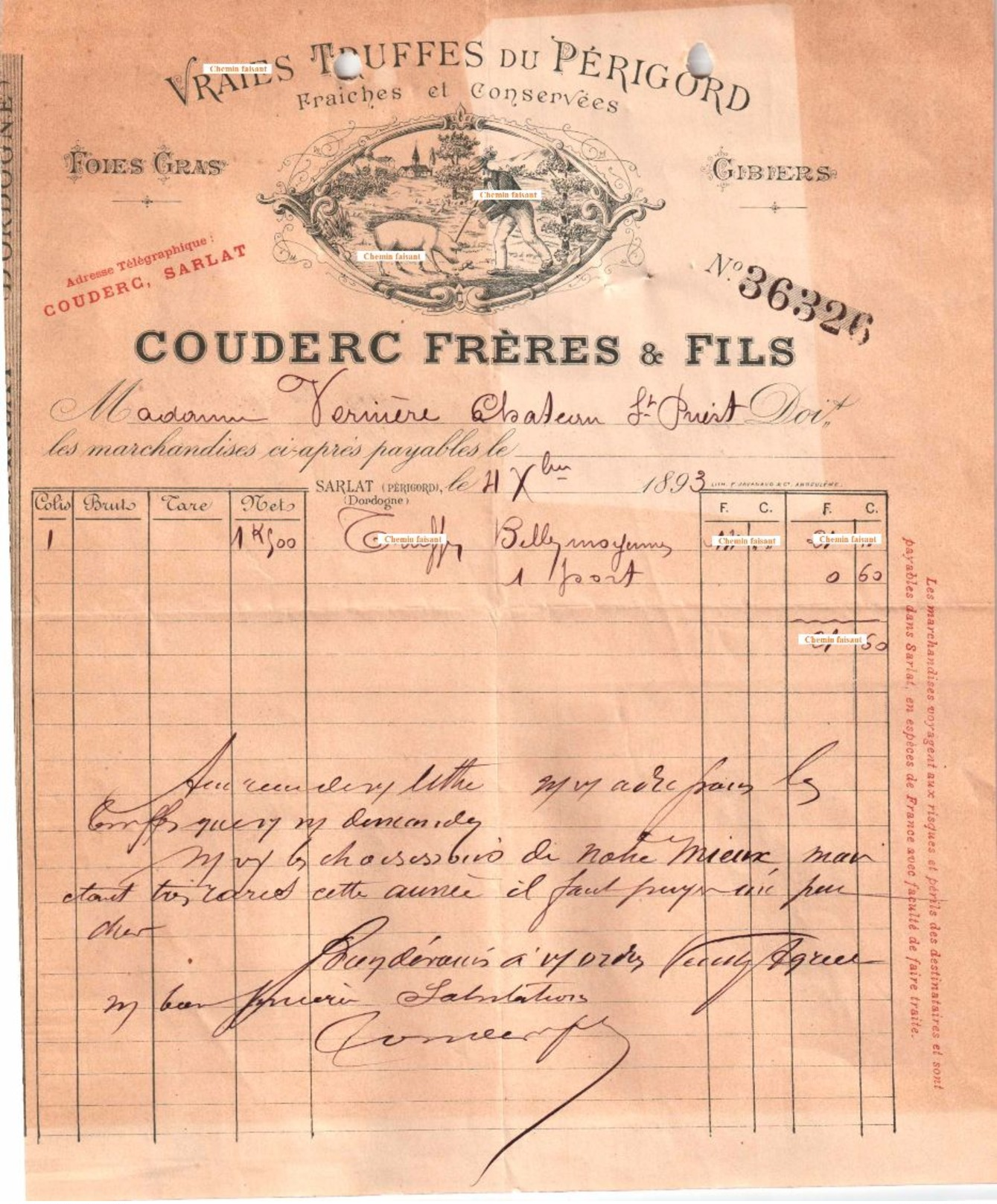 Document Du 21/10/1893 COUDERC Truffes Du Périgord - Sarlat 24 - 1800 – 1899