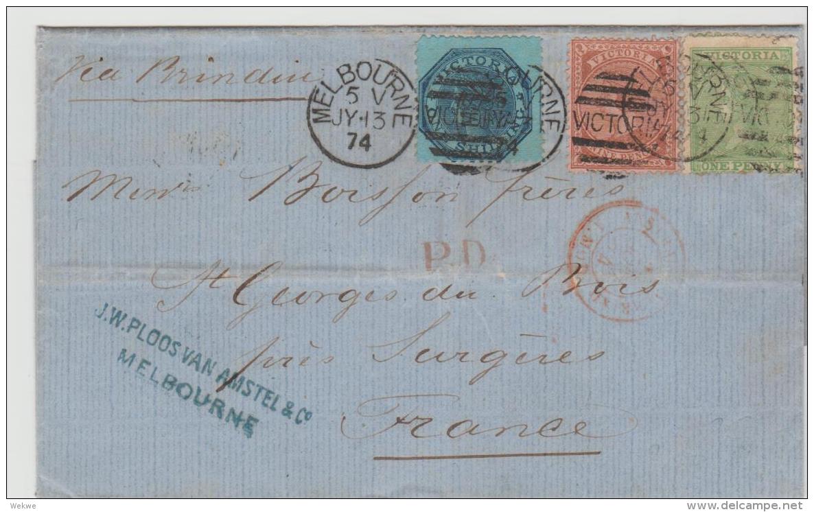 Vic172 /  AUSTRALIEN Scarce Use To France (seltene Verwendung) 3 Farben Frankatur 1874  Marken In Einwandfreier Zähnung. - Covers & Documents