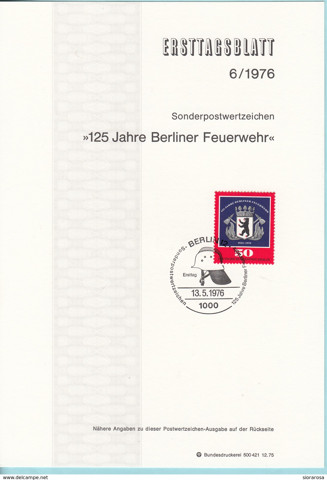 Berlino 1976 Sc. 9N387 Ersttagsblatt N. 6 "125 Jahre Berliner Feuerwehr" FDC Sheet Germania Pompieri - Fire Brigade - Pompieri