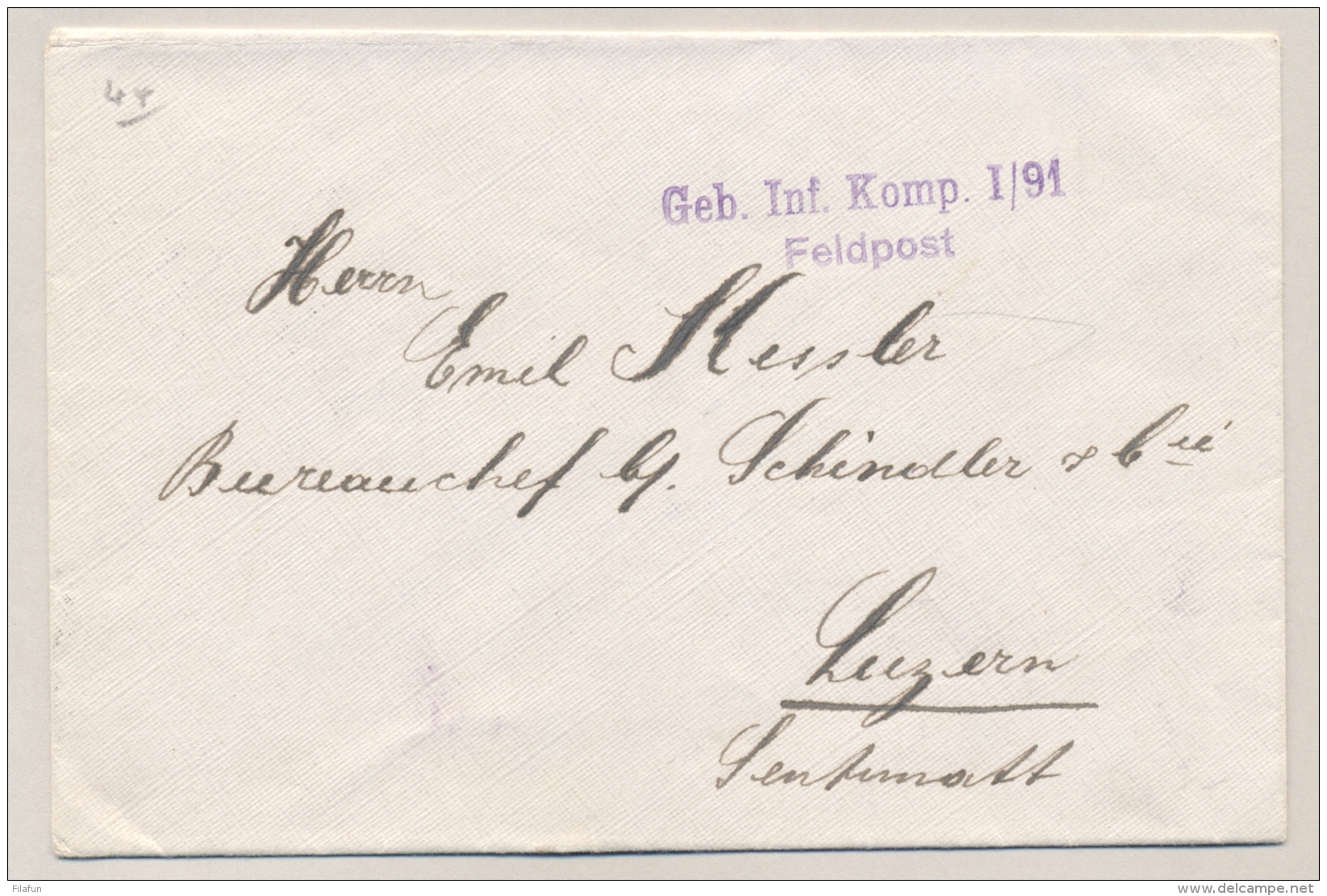 Schweiz - 1918 - Feldpost-cover From Geb. Inf. Komp. I/91 / Feldpost Sent To Luzern - Documenten