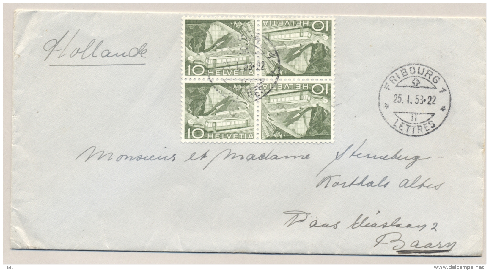 Schweiz - 1953 - 2x 10c Kehrdruck In Pair On Cover From Fribourg To Baarn / Nederland - Se-Tenant