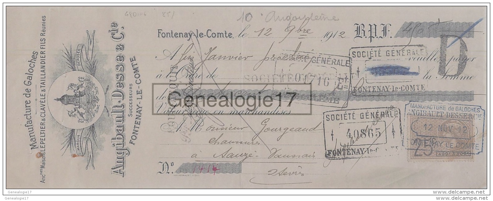 85 373 FONTENAY DE COMTE VENDEE 1912 Manufacture De Galoches  ANGIBAULT - DESSE Succ LEPELTIER CLAVELE TAILLANDIER - Lettres De Change