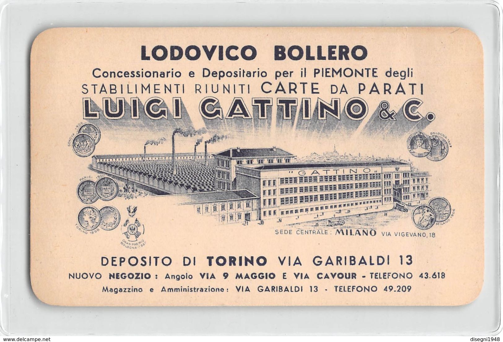 07220 "LODOVICO BOLLERO TORINO - CONCES. PER IL PIEMONTE CARTE DA PARATI LUGI GATTINO & C." CARTON. PUBBLIC. ORIG. - Advertising