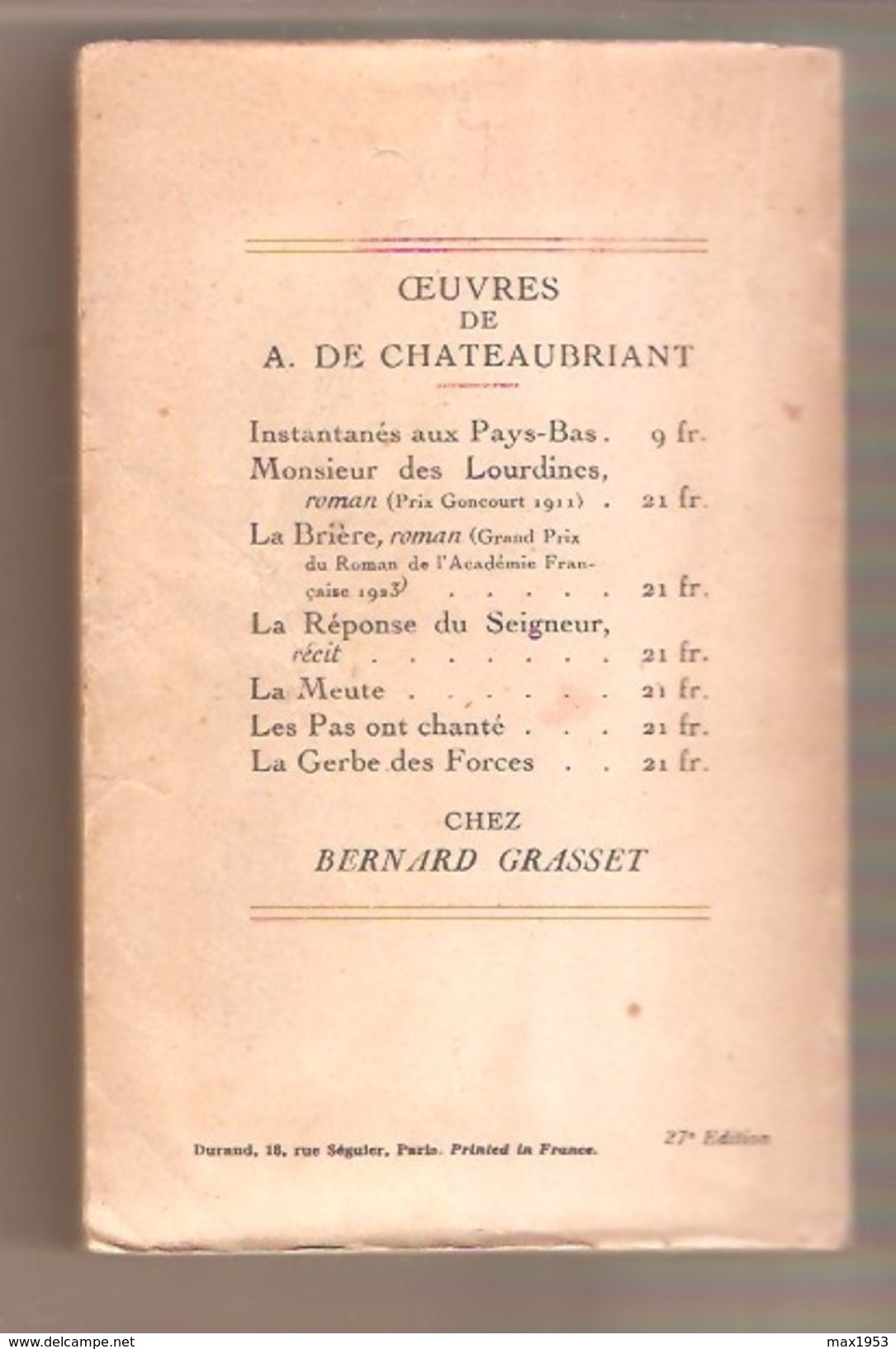 A. DE CHÂTEAUBRIANT - LA GERBE DES FORCES Nouvelle Allemagne - Grasset - 3ème Tirage De 1941 - Politique