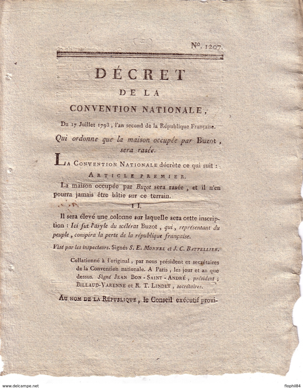 CONVENTION NATIONALE - DECRET - 17 JUILLET 1793 - QUI ORDONNE QUE LA MAISON OCCUPEE PAR BUZOT SERA RASE - Décrets & Lois