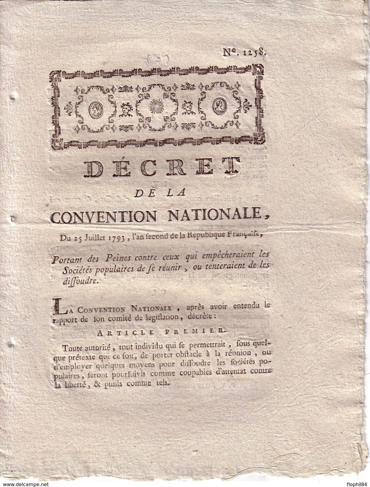 CONVENTION NATIONALE - DECRET - 25 JUILLET 1793 - PORTANT DES PEINES CONTRE CEUX QUI EMPECHERAIENT LES SOCIETES POPULAIR - Décrets & Lois