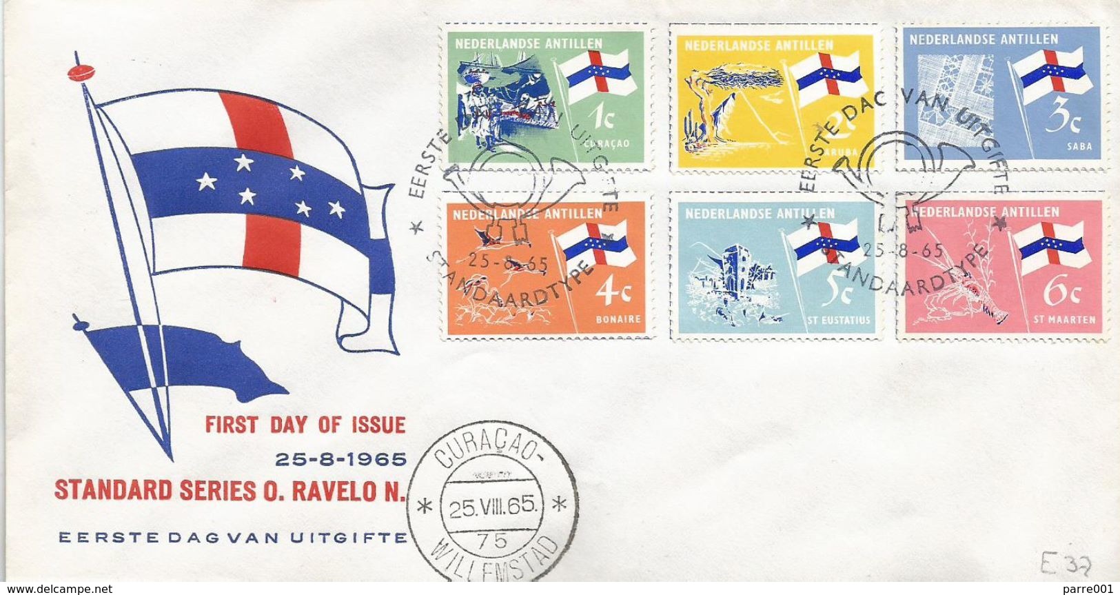 Netherlands Antilles 1965 Curacao Flamingo Phoenicopterus Ruber Ruber Lobster Lace Tourism Flag FDC Cover - Flamingos