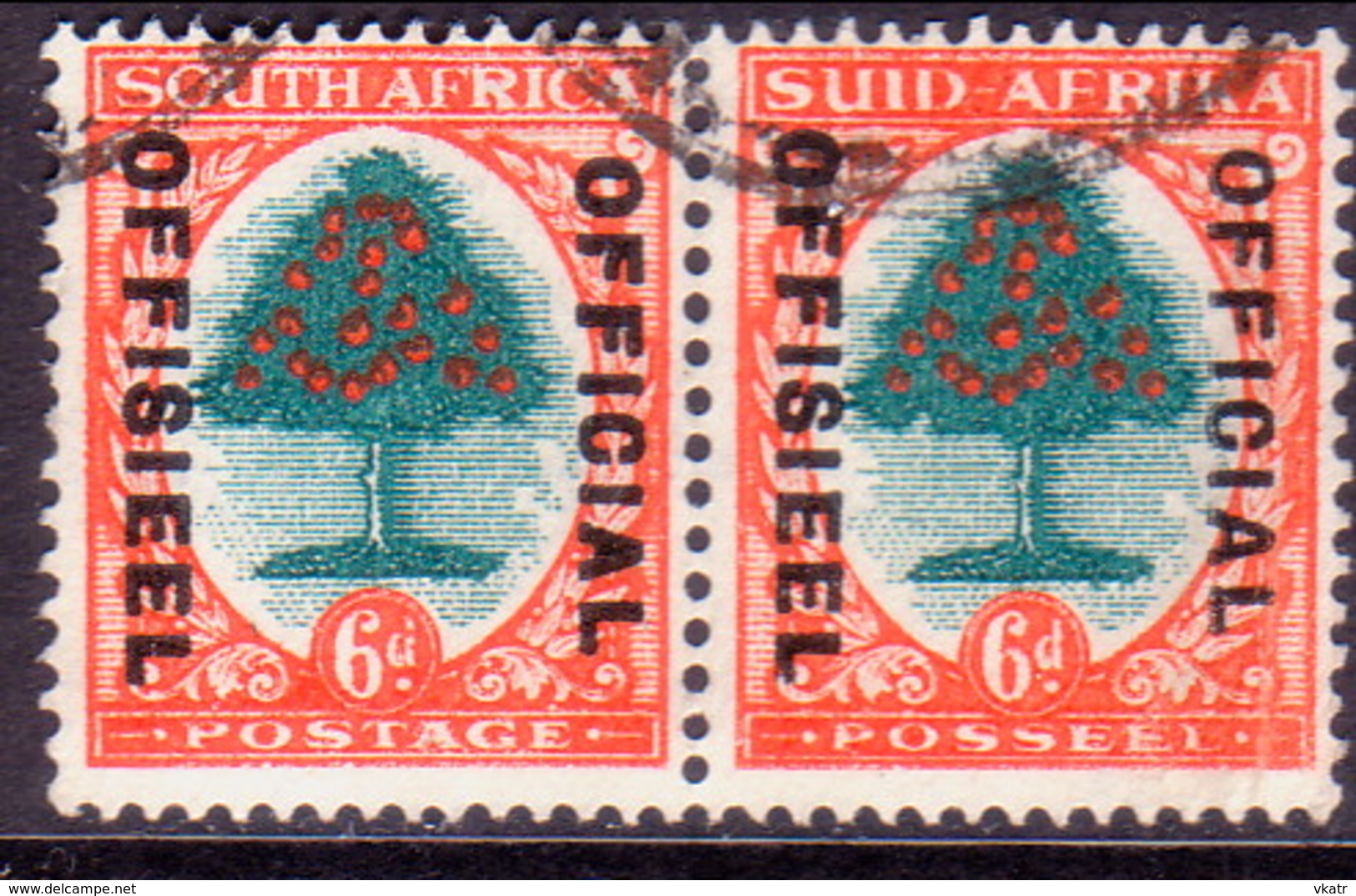 SOUTH AFRICA 1947 SG #O24d 6d In Horiz.pair Used Official Die III Green And Red-orange - Officials
