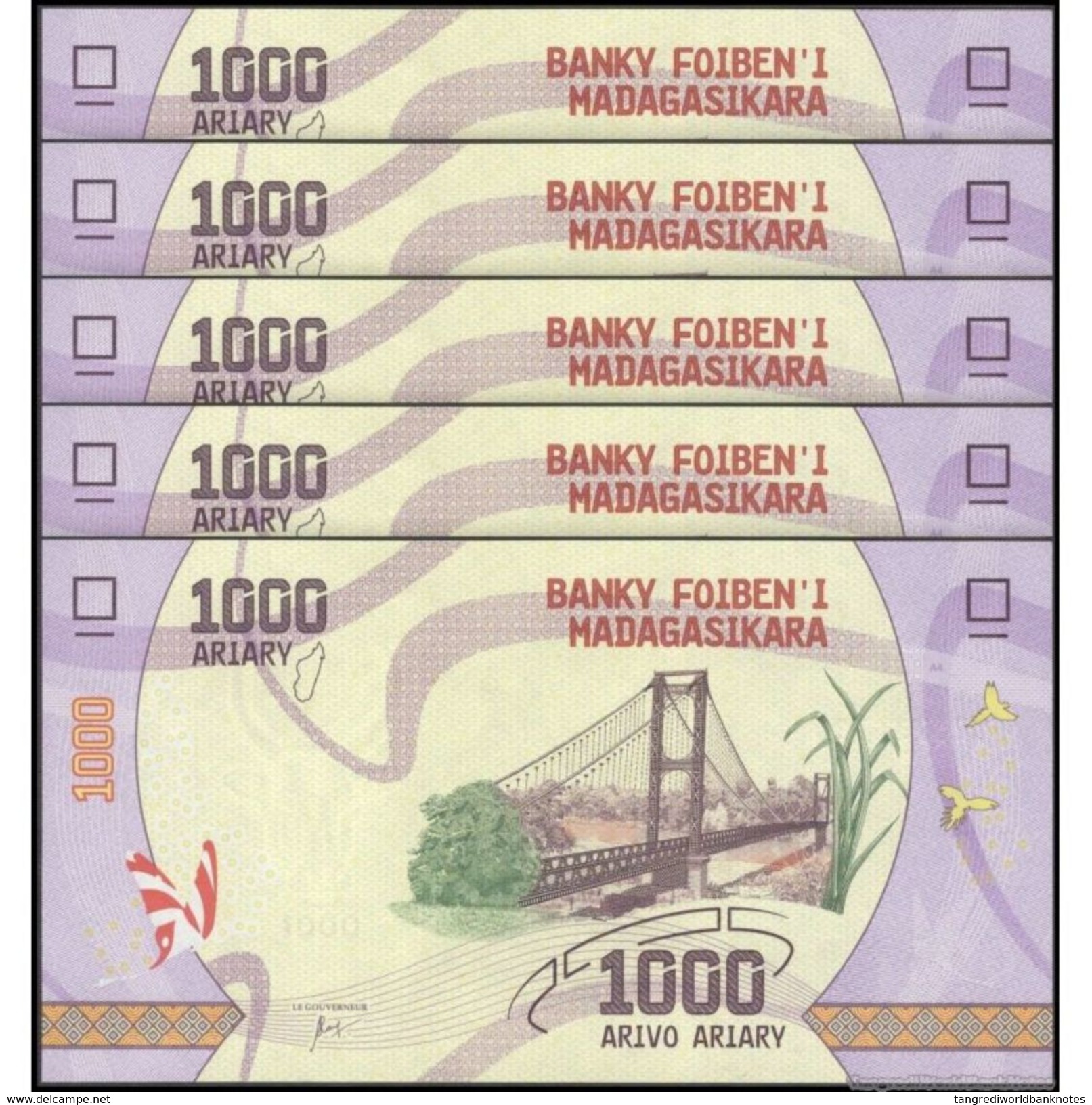 TWN - MADAGASCAR NEW - 1000 1.000 Ariary 2017 DEALERS LOT X 5 - Prefix C UNC - Madagascar