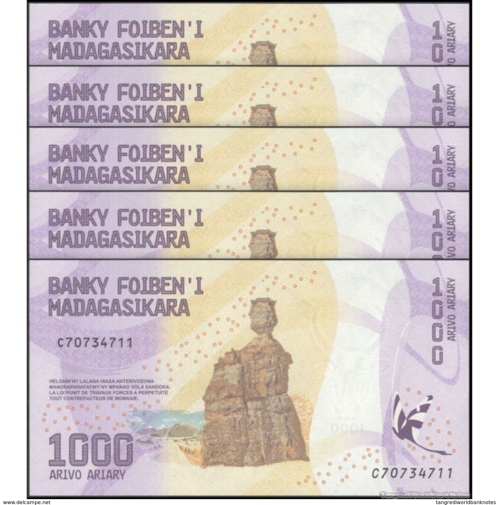 TWN - MADAGASCAR NEW - 1000 1.000 Ariary 2017 DEALERS LOT X 5 - Prefix C UNC - Madagascar