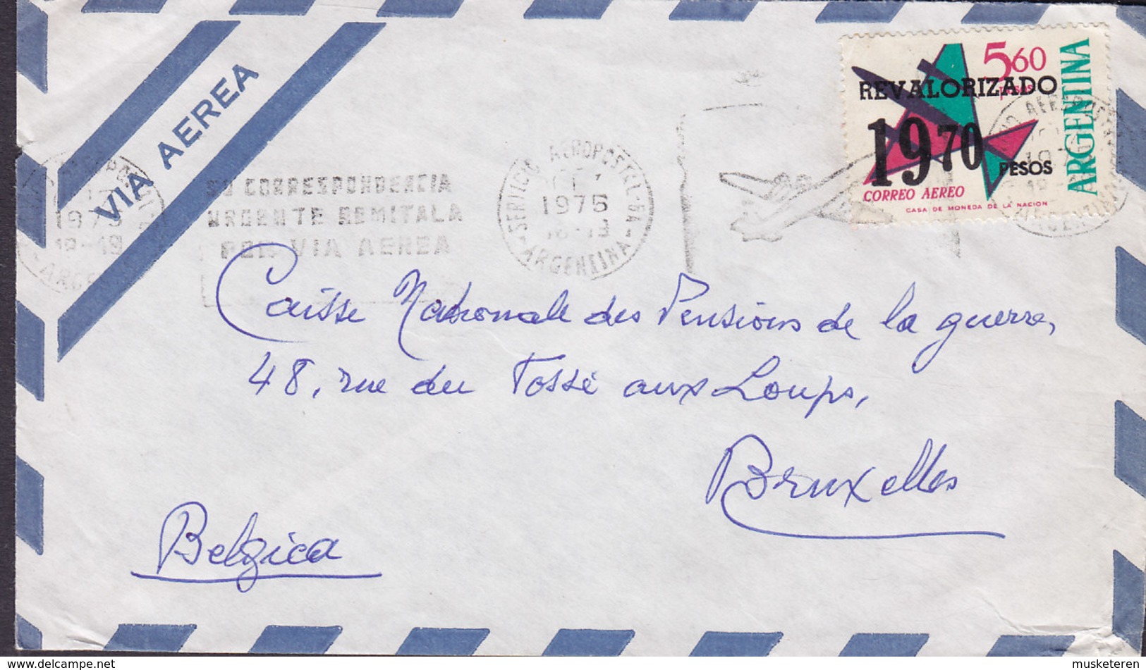 Argentina Via Aerea Slogan Flamme 'Aeroplane' SERVICE  AEROPOSTAL 1975 BRUXELLES Belgium Overprinted Revalorizado Stamp - Briefe U. Dokumente