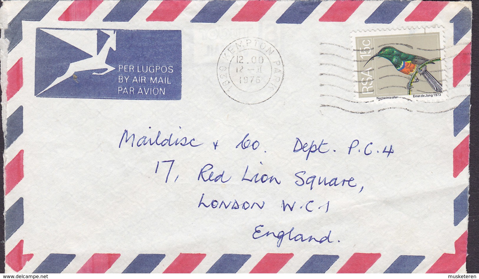 South Africa Per Lugpos Air Mail KEMPTON PARK 1976 Cover Brief LONDON England 15c Bird Vogel Oiseau Colibri - Brieven En Documenten