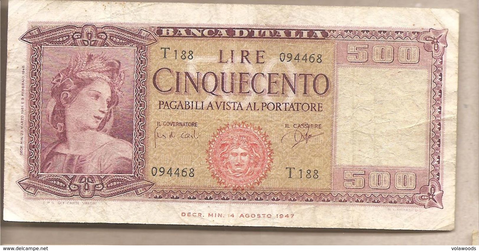 Italia - Banconota Circolata Da 500£ "Medusa" P-80b - 1961 #17 - Other & Unclassified