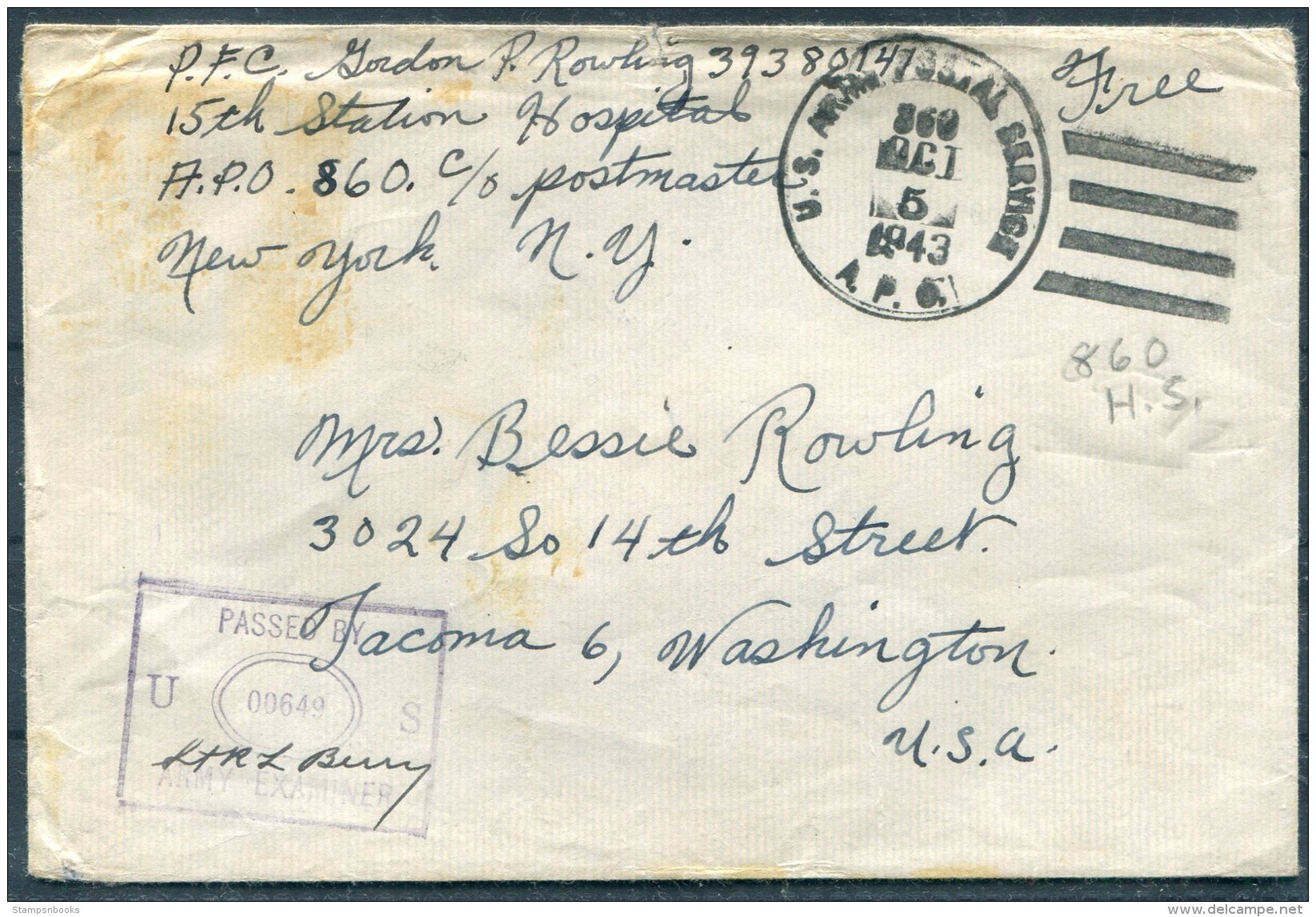 1943 Iceland USA Army Post Office Station Hospital APO 860 Censor Cover - Washington - Covers & Documents