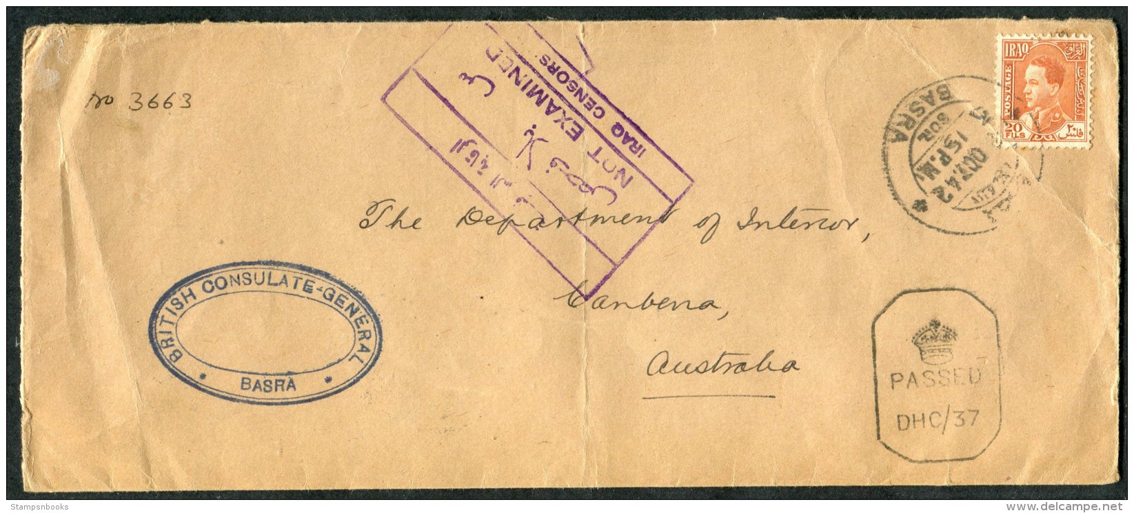 1942 Iraq Basra Censor Cover, British Consulate - Department Of Interior, Canberra, Australia. Diplomatic - Iraq