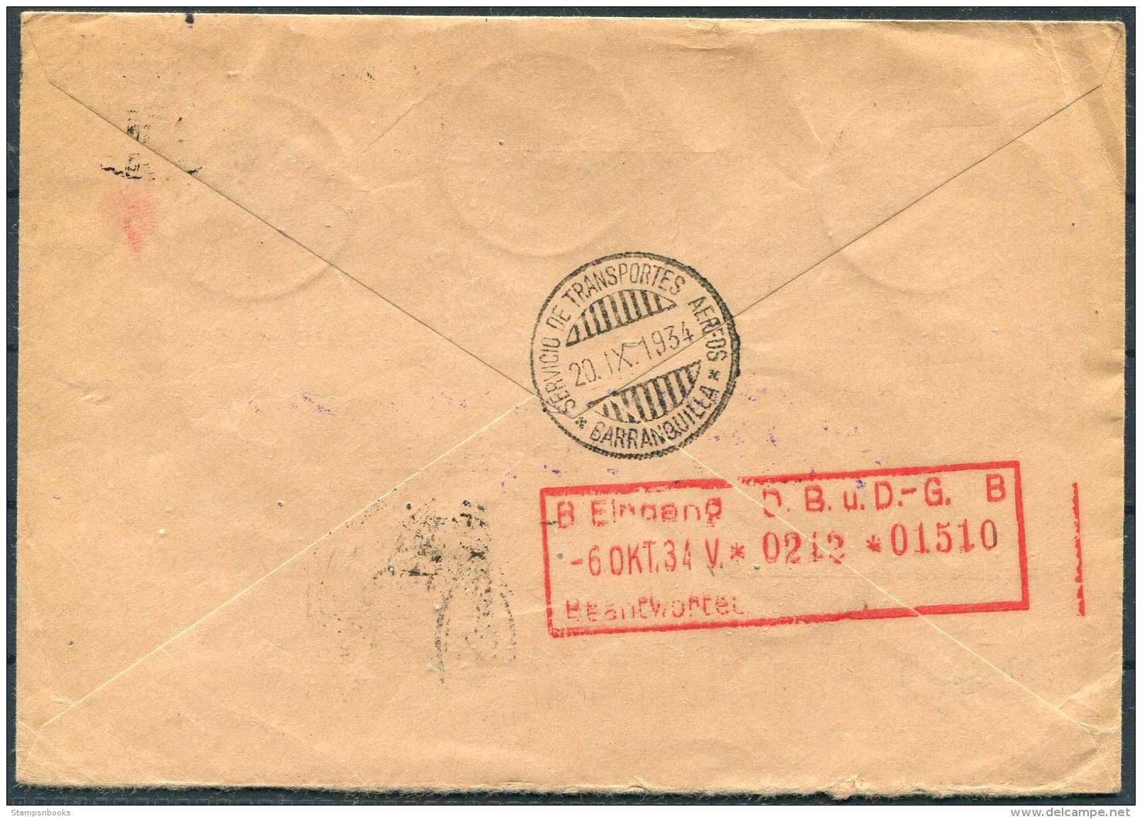 1934 Colombia Bogota SCADTA Airmail Cover - Deutsche Bank Berlin Germany. Mancomun Por Avion Cachet. Barranquilla - Colombia