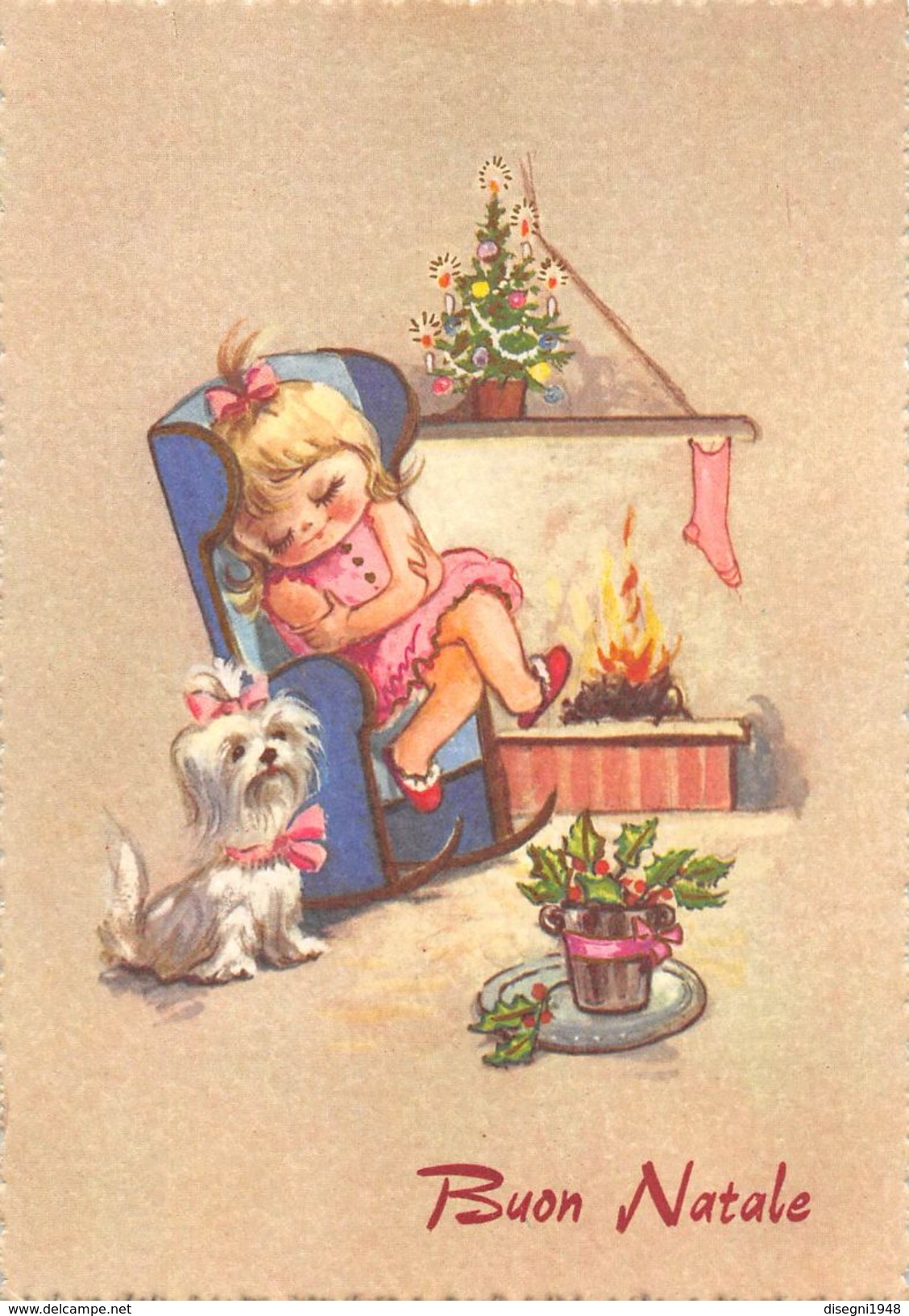 07225 "BUON NATALE" BAMBINA CHE DORME, CAGNOLINO, CAMINO CON FUOCO, CALZA, ALBERO NATALE, AGRIFOGL. CART. ILL. NON SPED. - Altri & Non Classificati